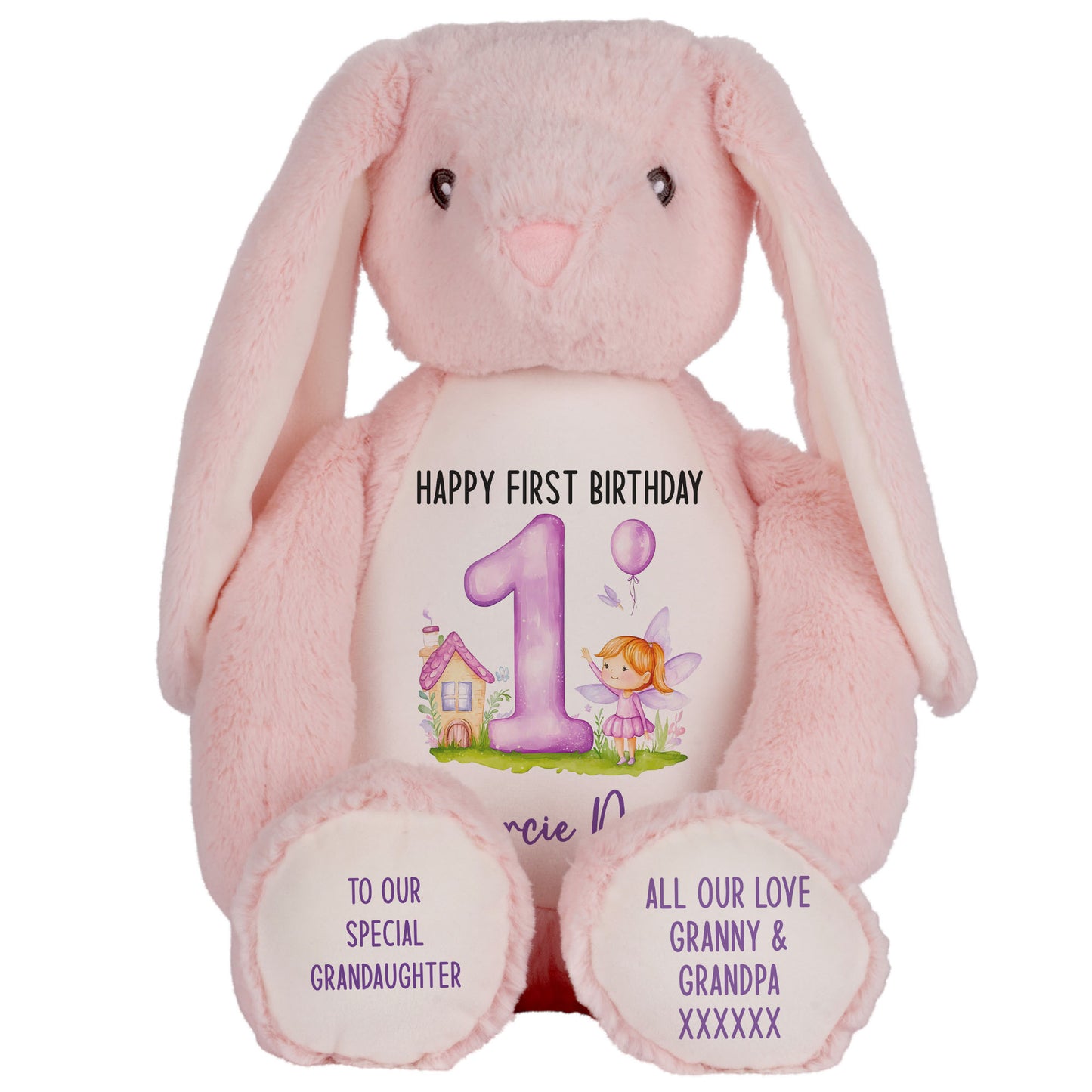 1st birthday purple fair personalised teddy bear Pink Bunny
