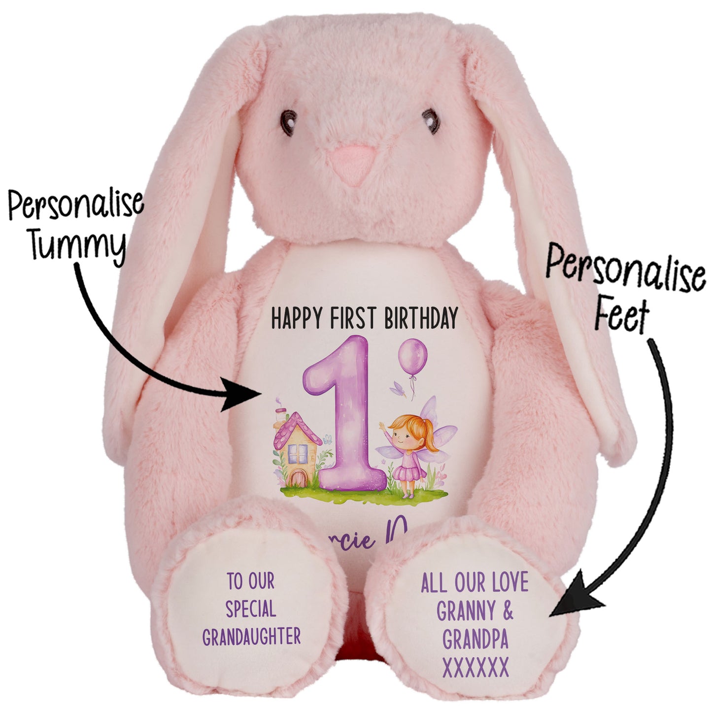 1st birthday purple fair personalised teddy bear Pink Bunny STOCK-BUNNY-PINK