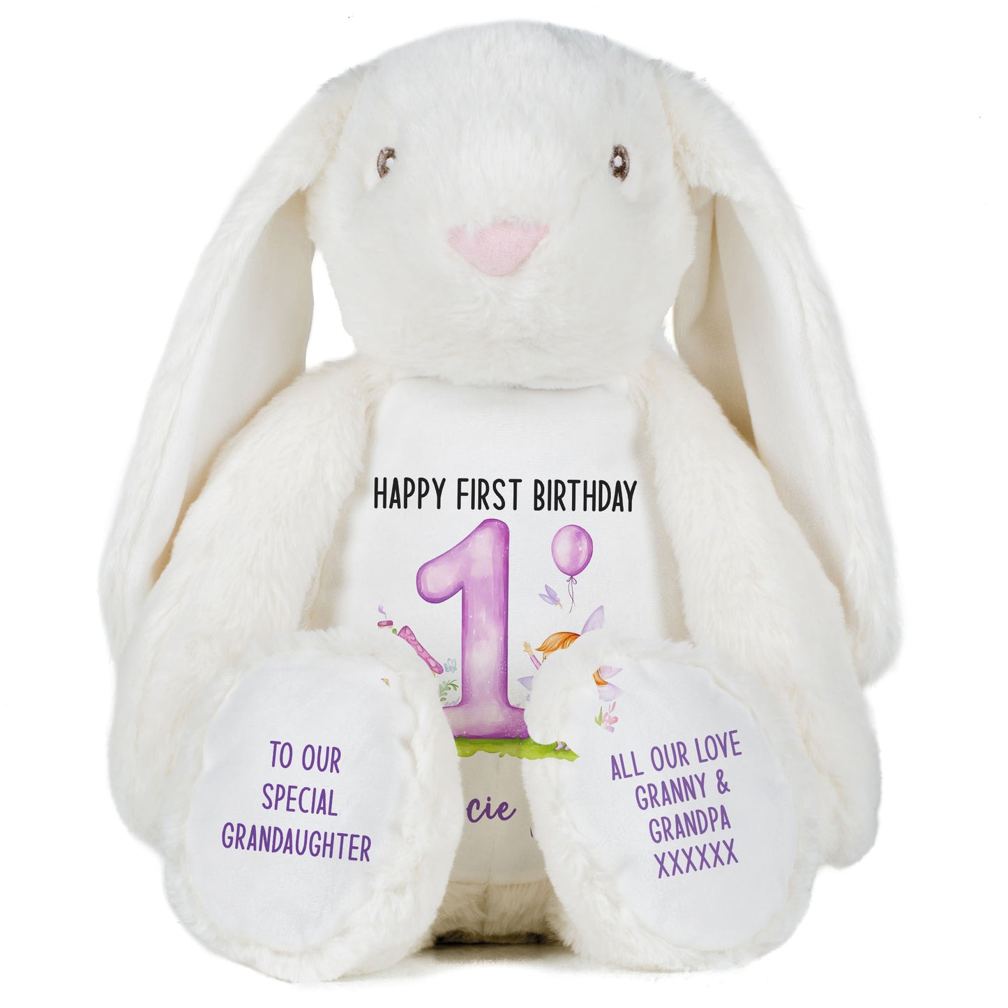 1st birthday purple fair personalised teddy bear White Bunny