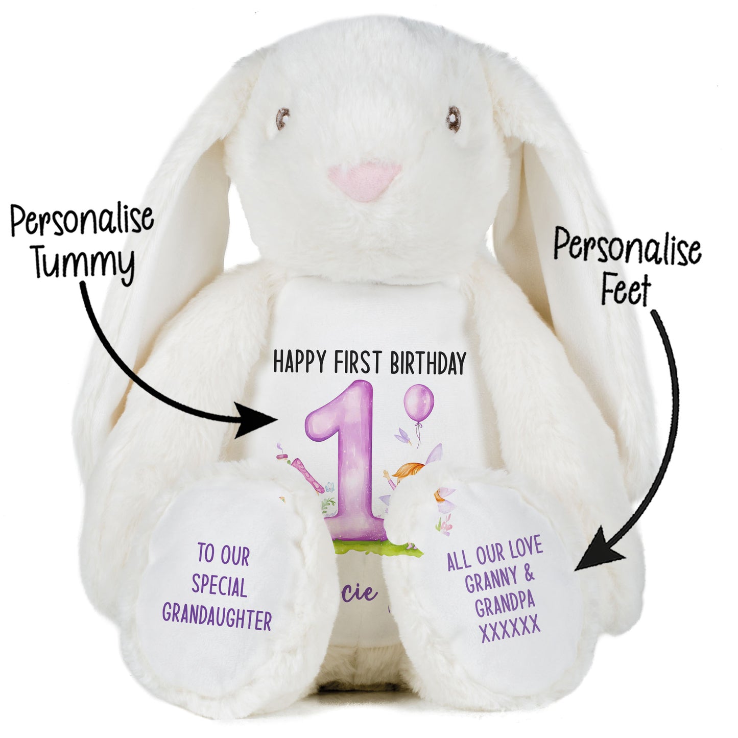 1st birthday purple fair personalised teddy bear White Bunny STOCK-BUNNY-WHITE