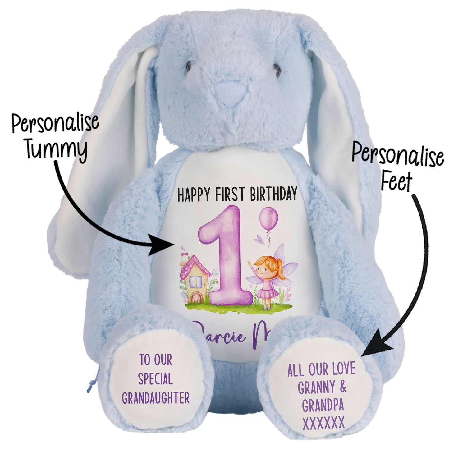 1st birthday purple fair personalised teddy bear Blue Bunny STOCK-BUNNY-BLUE