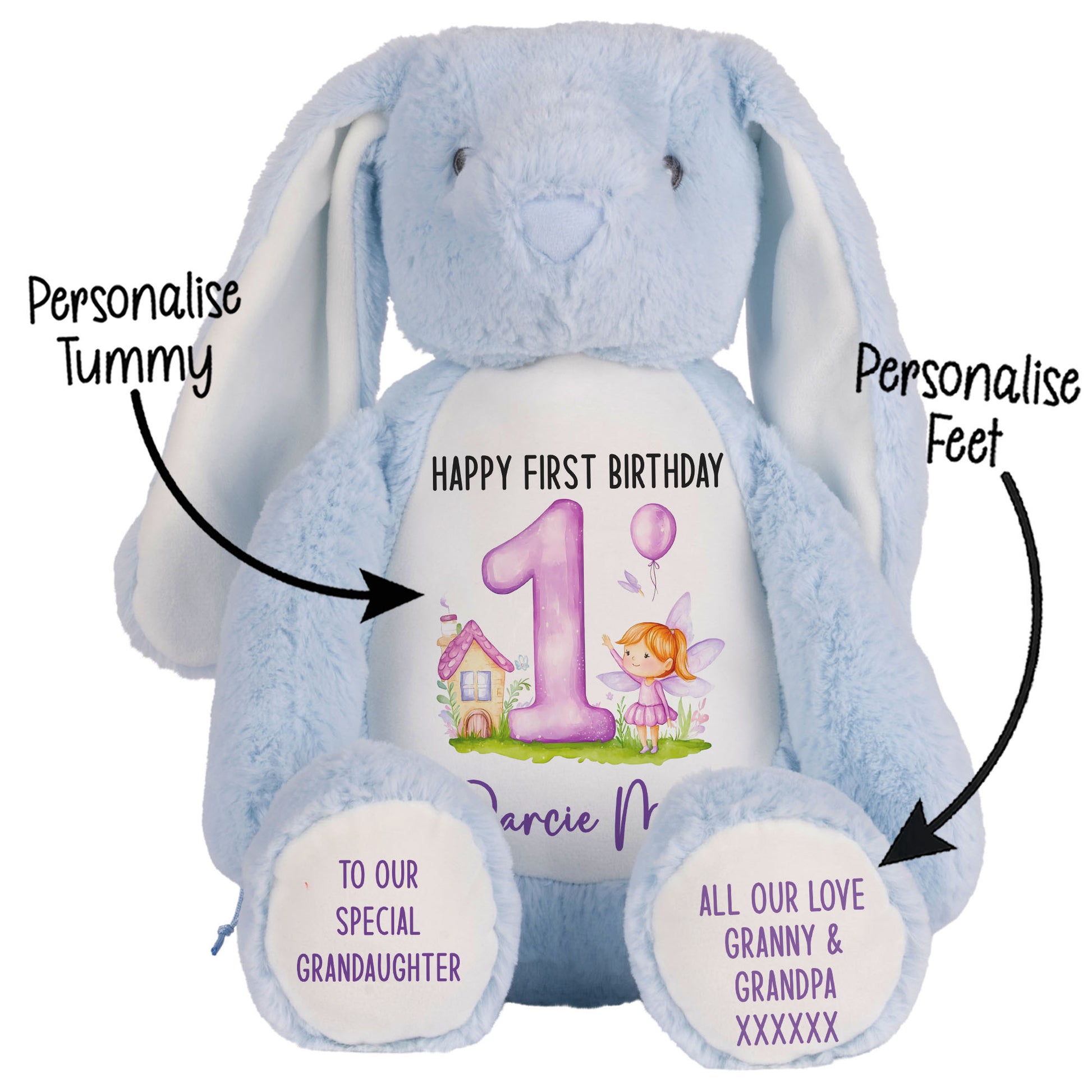 1st birthday purple fair personalised teddy bear Blue Bunny STOCK-BUNNY-BLUE