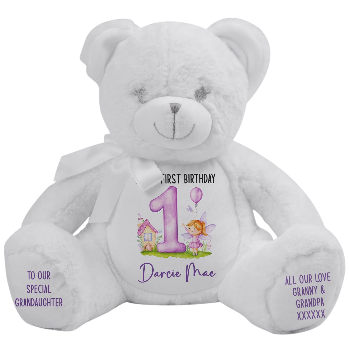 1st birthday purple fair personalised teddy bear White Bear