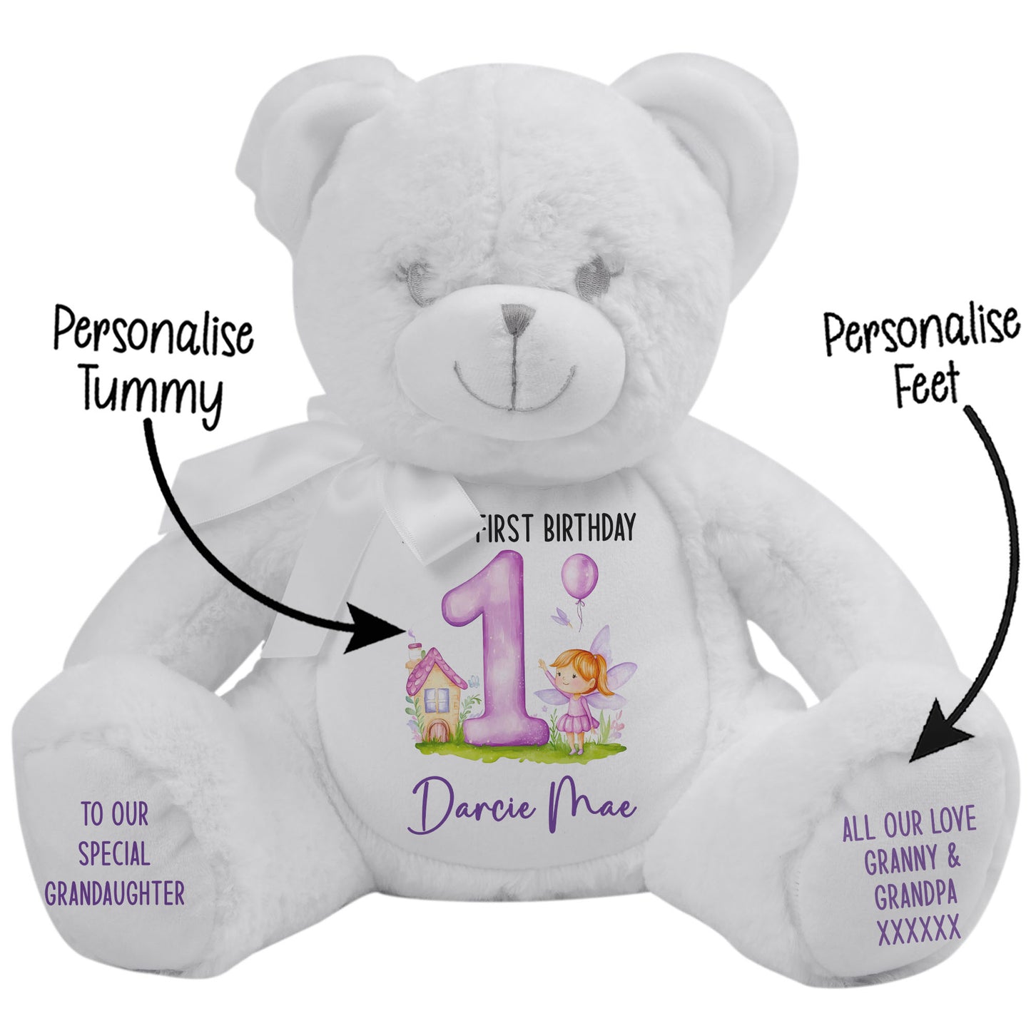 1st birthday purple fair personalised teddy bear White Bear STOCK-WHITE