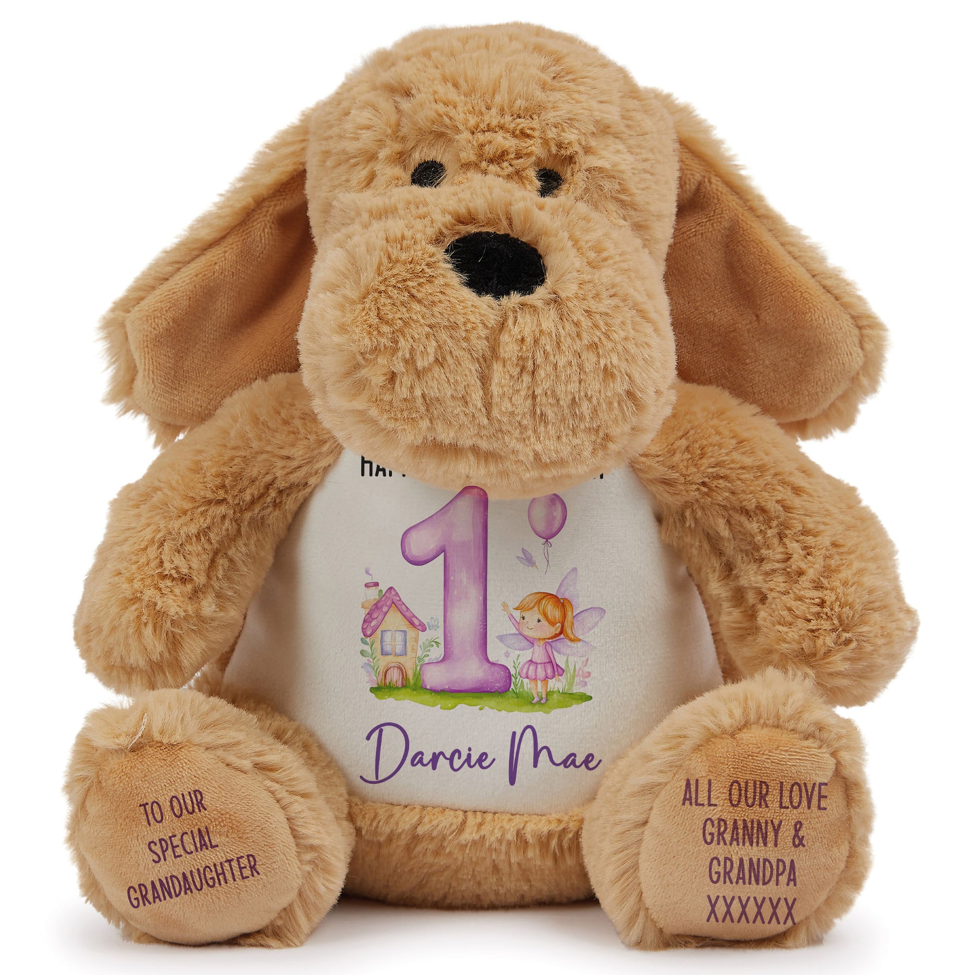1st birthday purple fair personalised teddy bear Dog