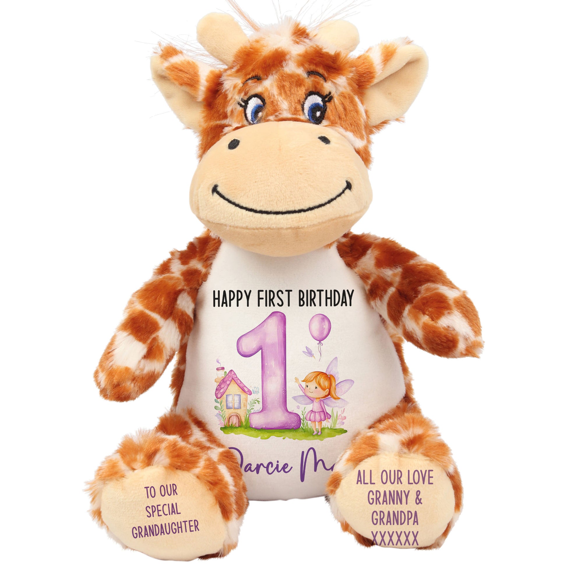 1st birthday purple fair personalised teddy bear Giraffe