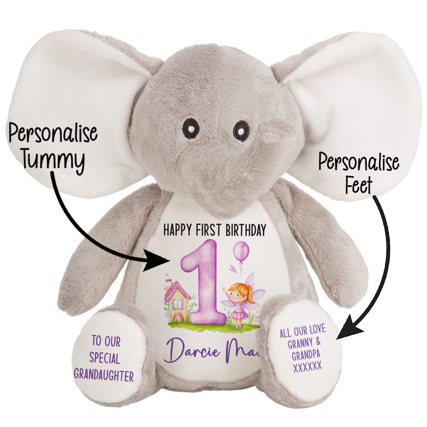 1st birthday purple fair personalised teddy bear Elephant STOCK-ELEPHANT