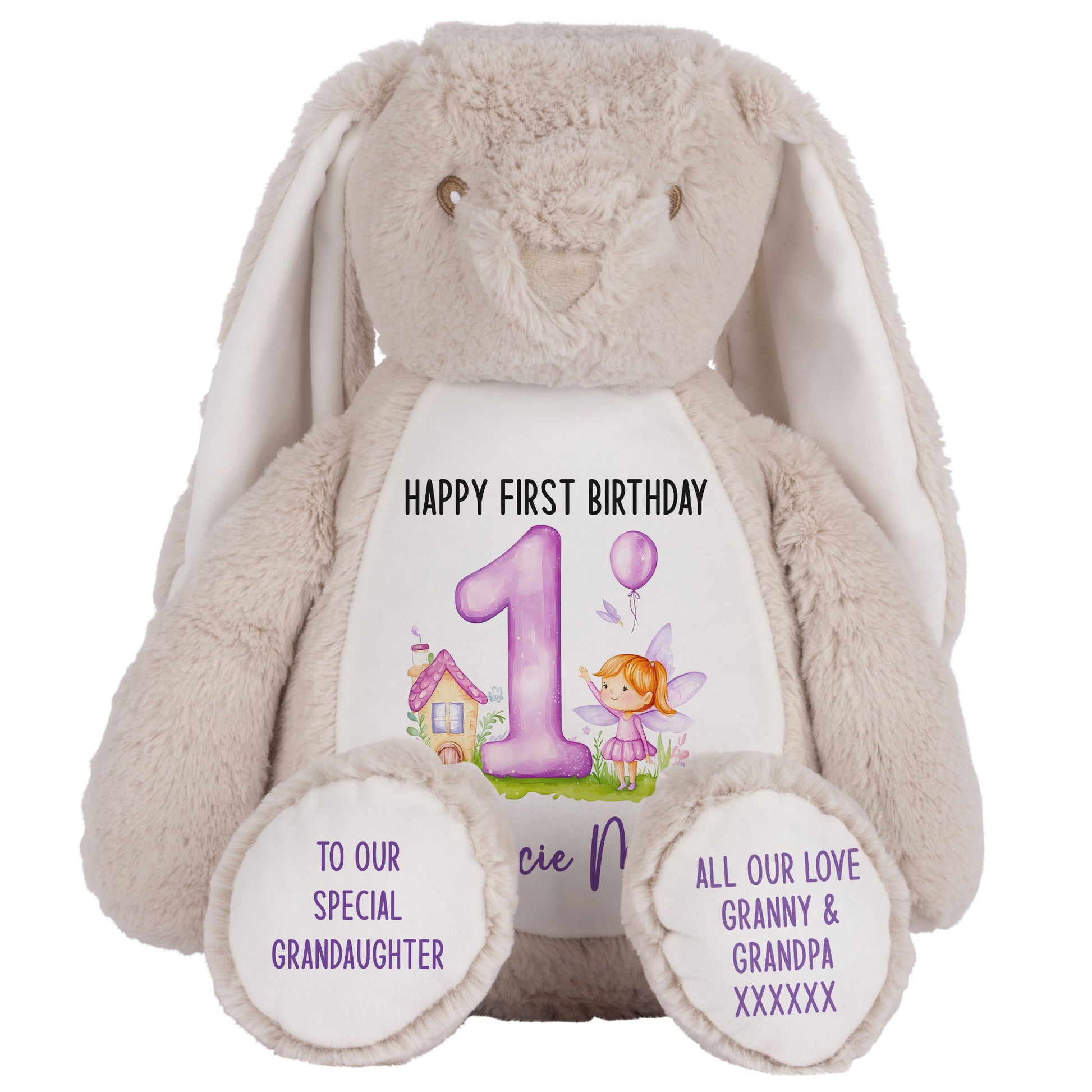 1st birthday purple fair personalised teddy bear Brown Bunny