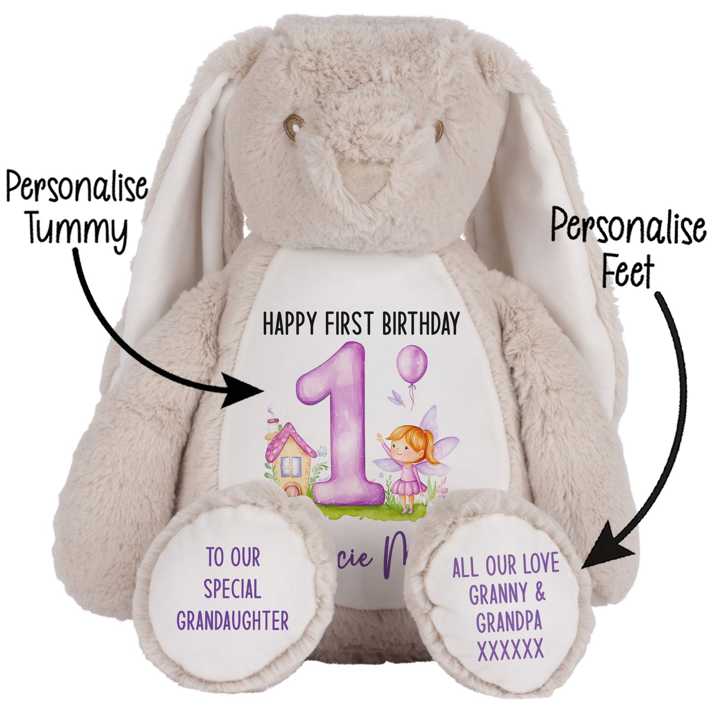1st birthday purple fair personalised teddy bear Brown Bunny STOCK-BUNNY-BROWN