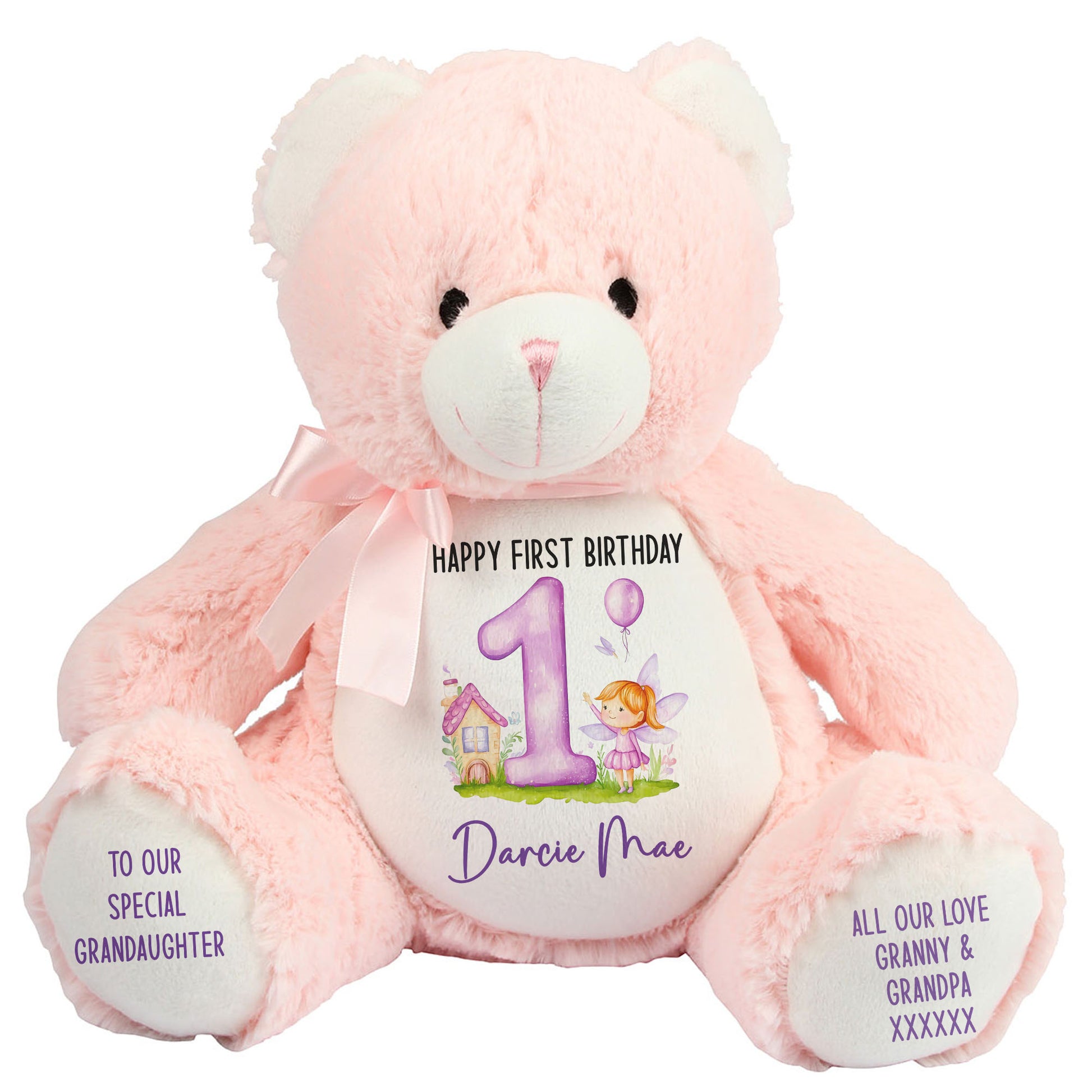 1st birthday purple fair personalised teddy bear Pink Bear