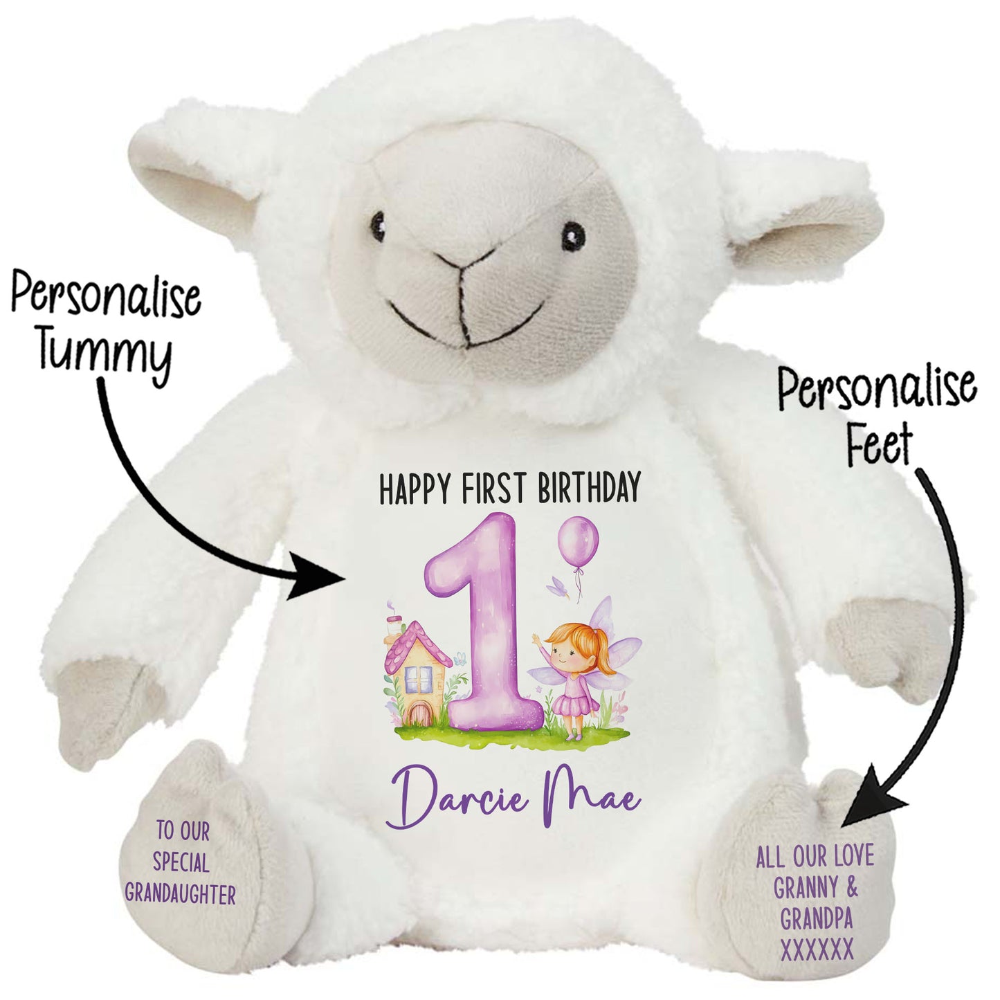 1st birthday purple fair personalised teddy bear Lamb STOCK-LAMB