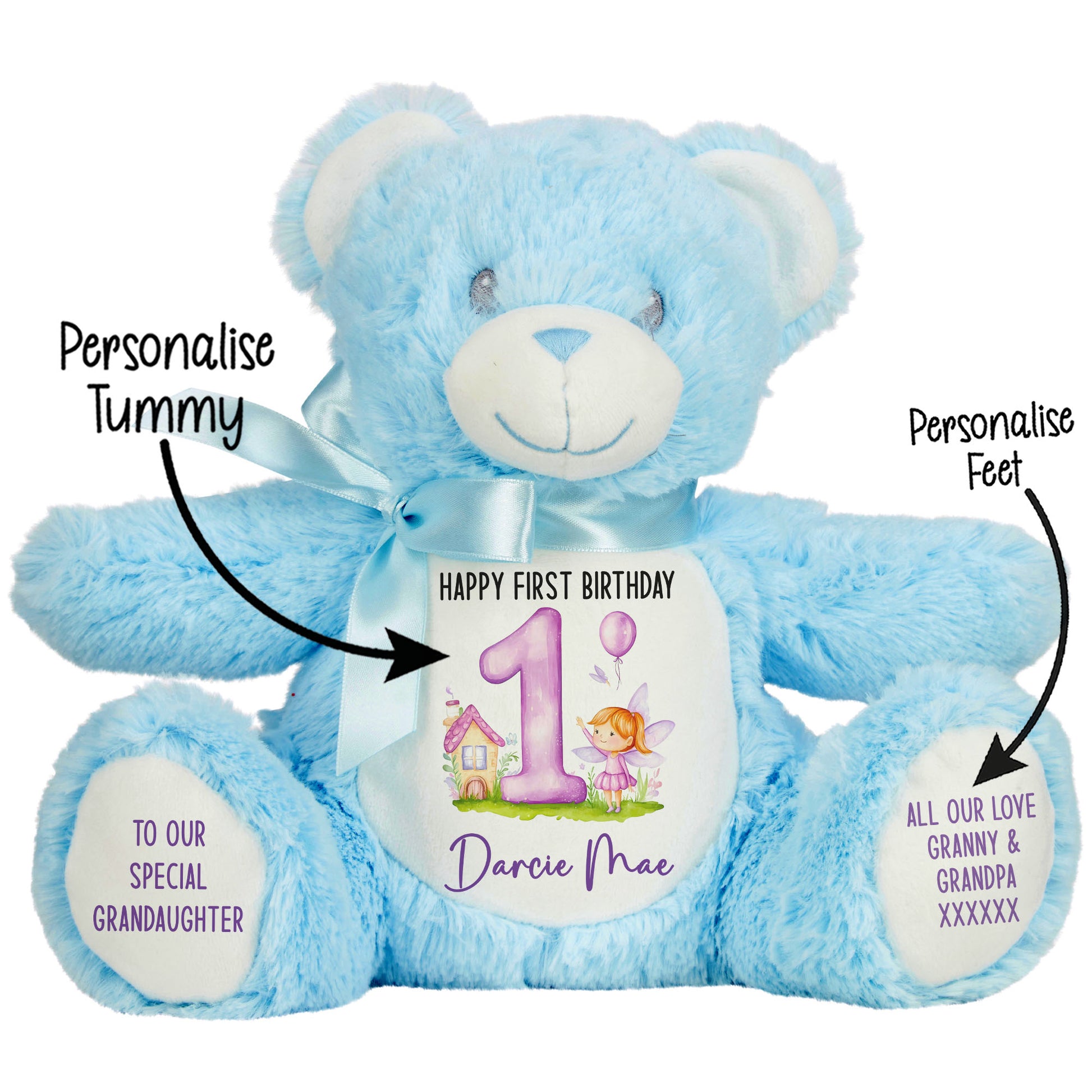 1st birthday purple fair personalised teddy bear Blue Bear STOCK-BLUE