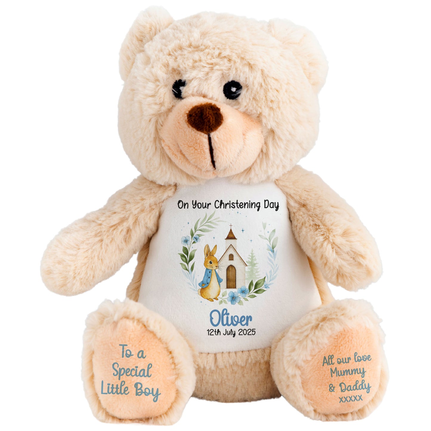 Christening Blue Bunny Church Floral Personalised Teddy Bears