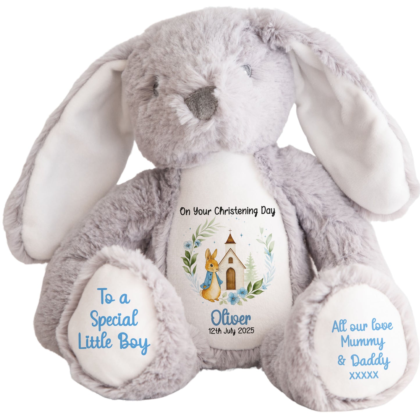 Christening Blue Bunny Church Floral Personalised Teddy Bears