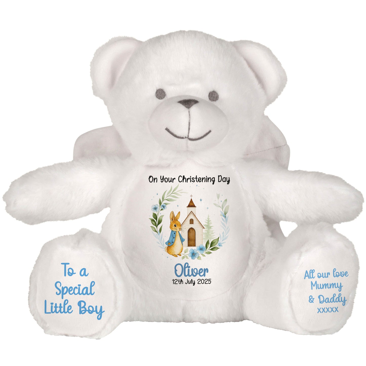 Christening Blue Bunny Church Floral Personalised Teddy Bears