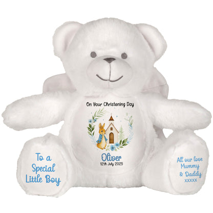 Christening Blue Bunny Church Floral Personalised Teddy Bears