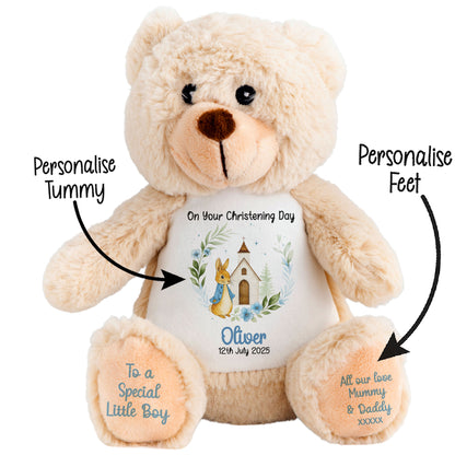 Christening Blue Bunny Church Floral Personalised Teddy Bears