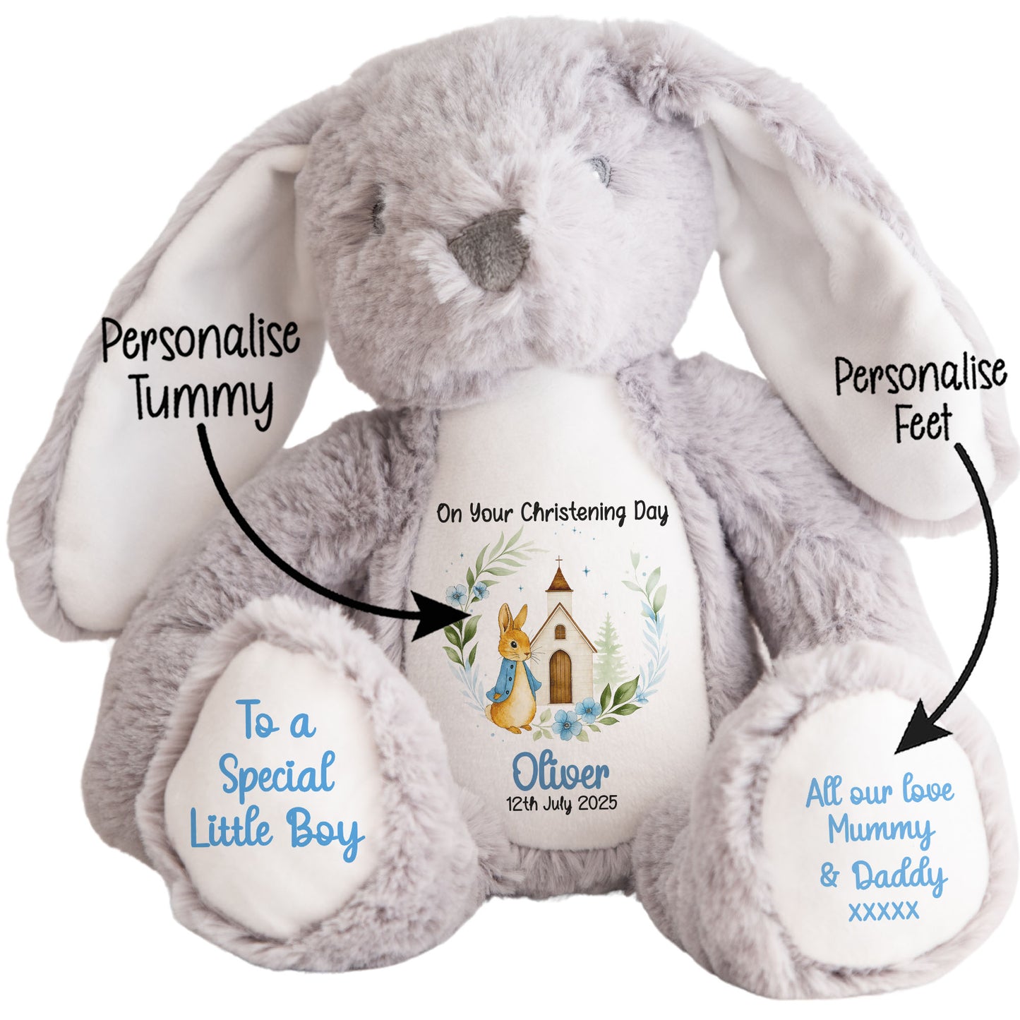 Christening Blue Bunny Church Floral Personalised Teddy Bears