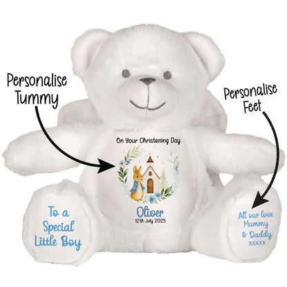 Christening Blue Bunny Church Floral Personalised Teddy Bears