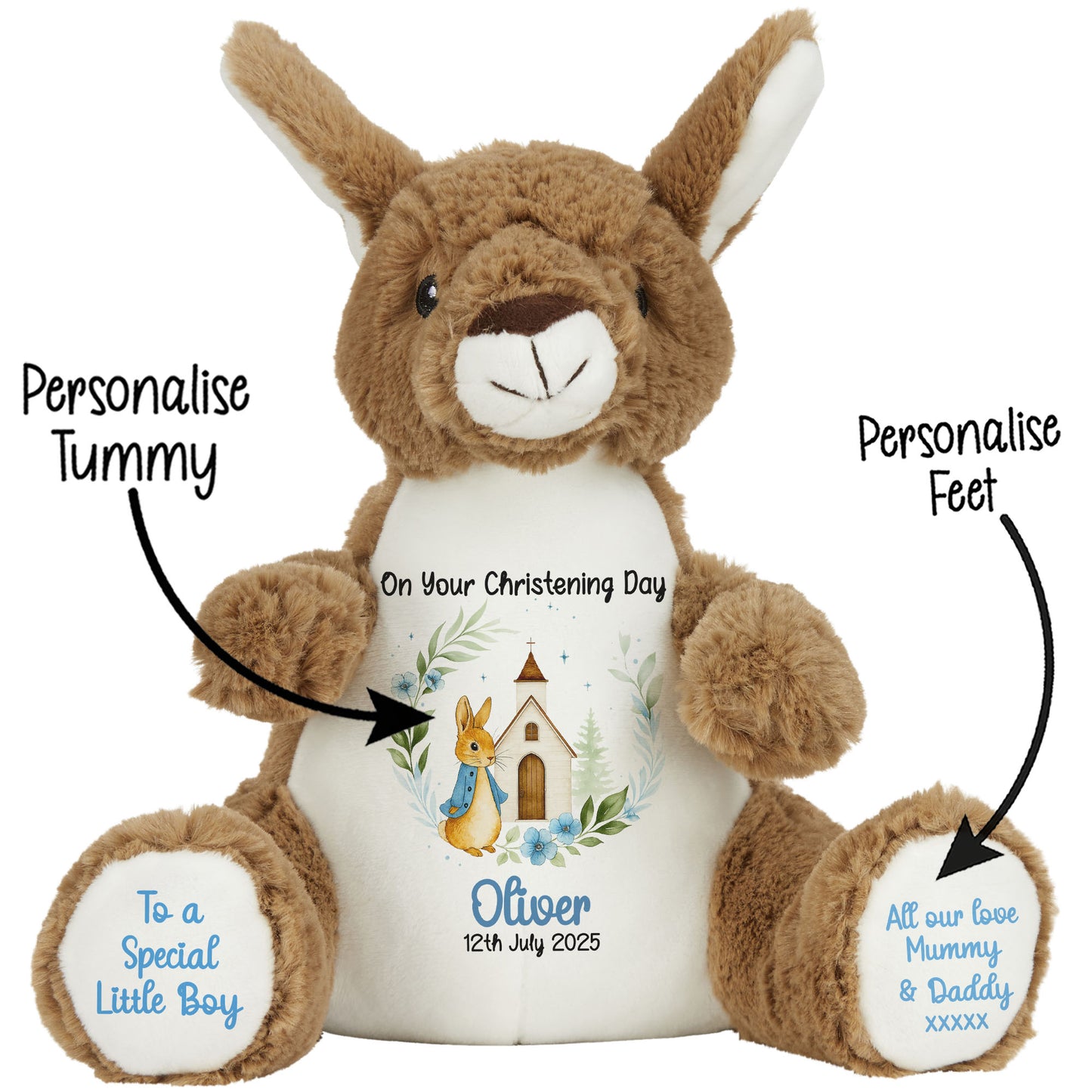 Christening Blue Bunny Church Floral Personalised Teddy Bears