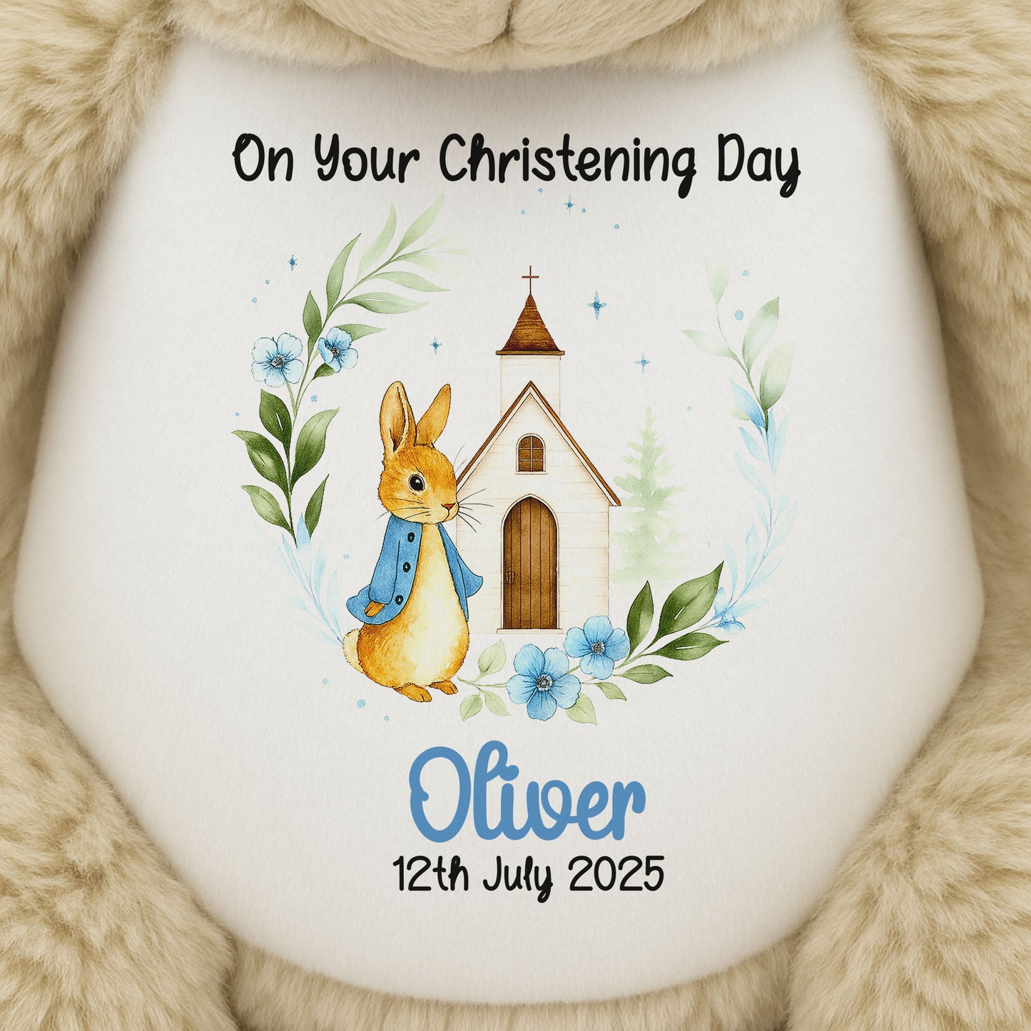 Christening Blue Bunny Church Floral Personalised Teddy Bears
