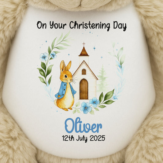 Christening Blue Bunny Church Floral Personalised Teddy Bears