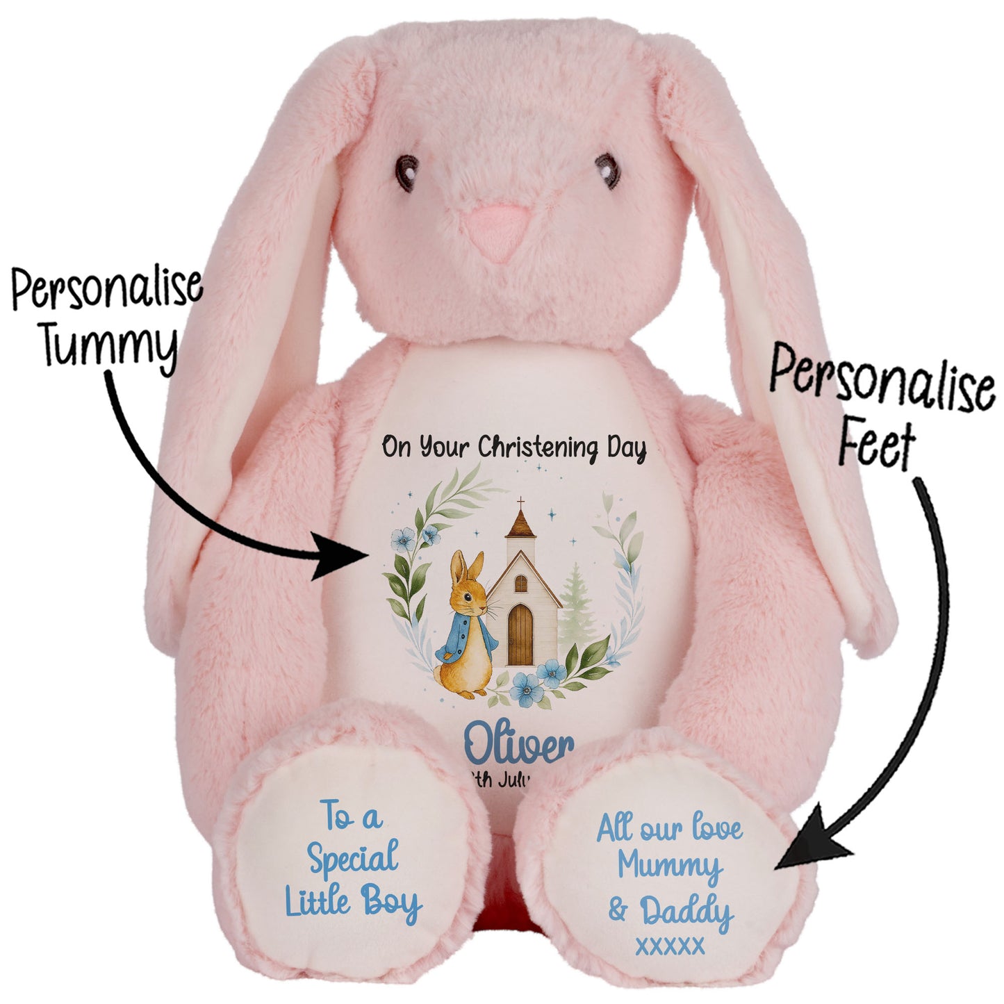 Christening Blue Bunny Church Floral Personalised Teddy Bears