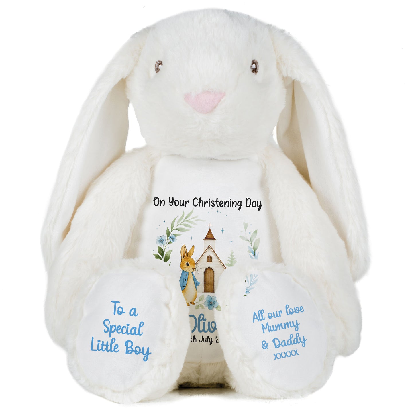 Christening Blue Bunny Church Floral Personalised Teddy Bears