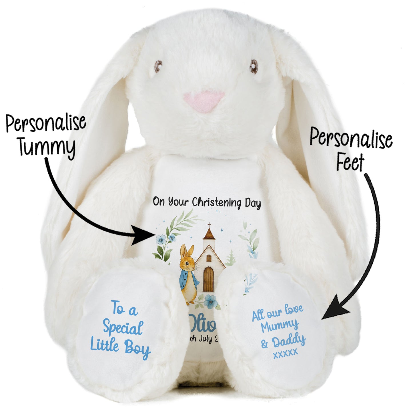 Christening Blue Bunny Church Floral Personalised Teddy Bears
