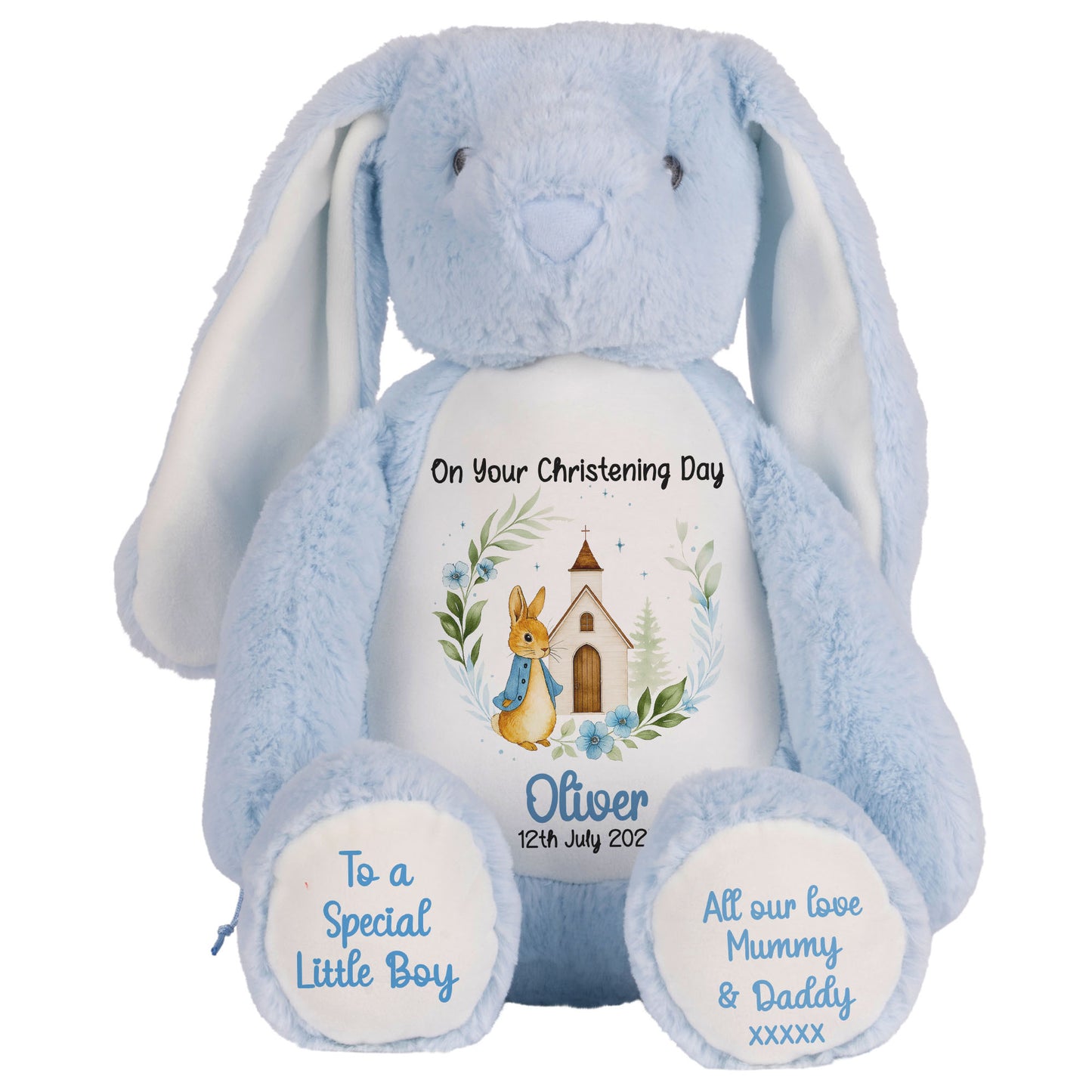Christening Blue Bunny Church Floral Personalised Teddy Bears