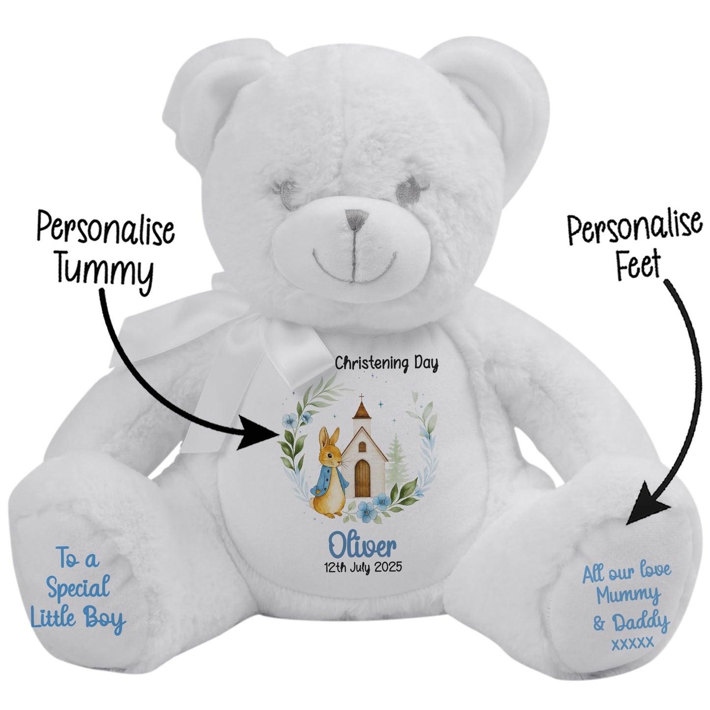 Christening Blue Bunny Church Floral Personalised Teddy Bears