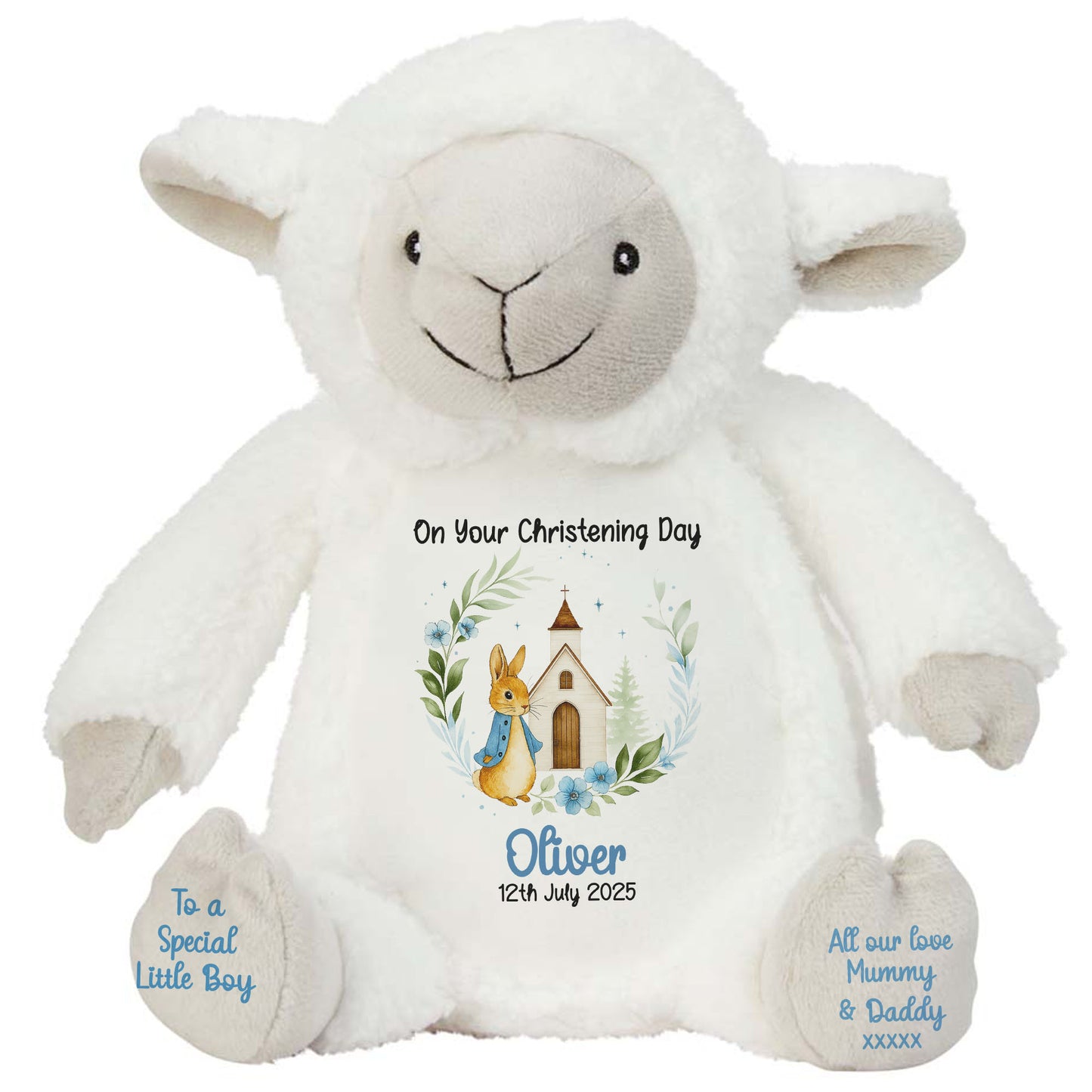 Christening Blue Bunny Church Floral Personalised Teddy Bears