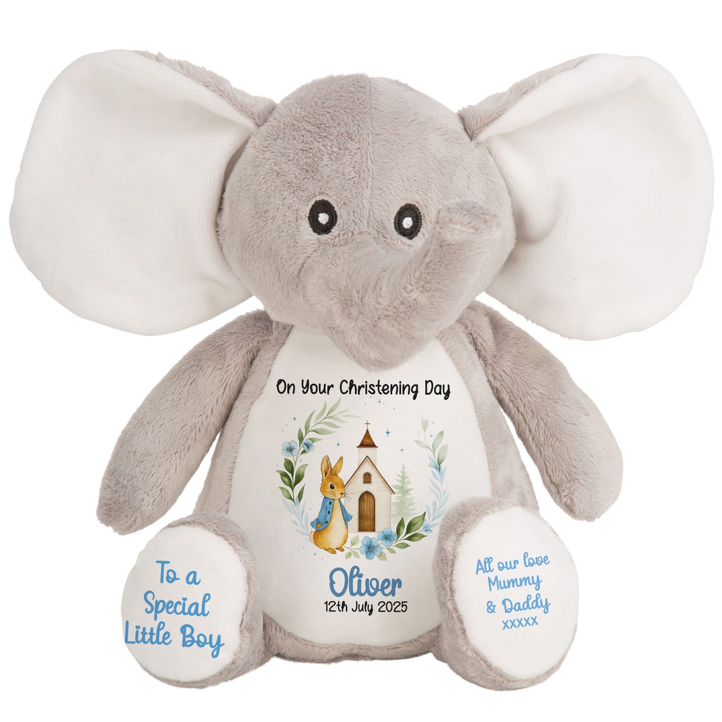 Christening Blue Bunny Church Floral Personalised Teddy Bears