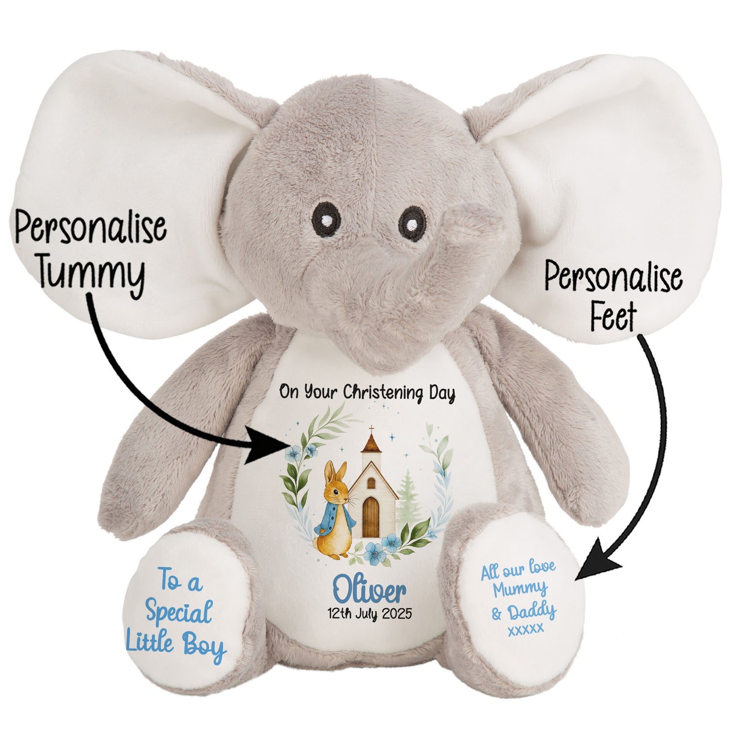 Christening Blue Bunny Church Floral Personalised Teddy Bears