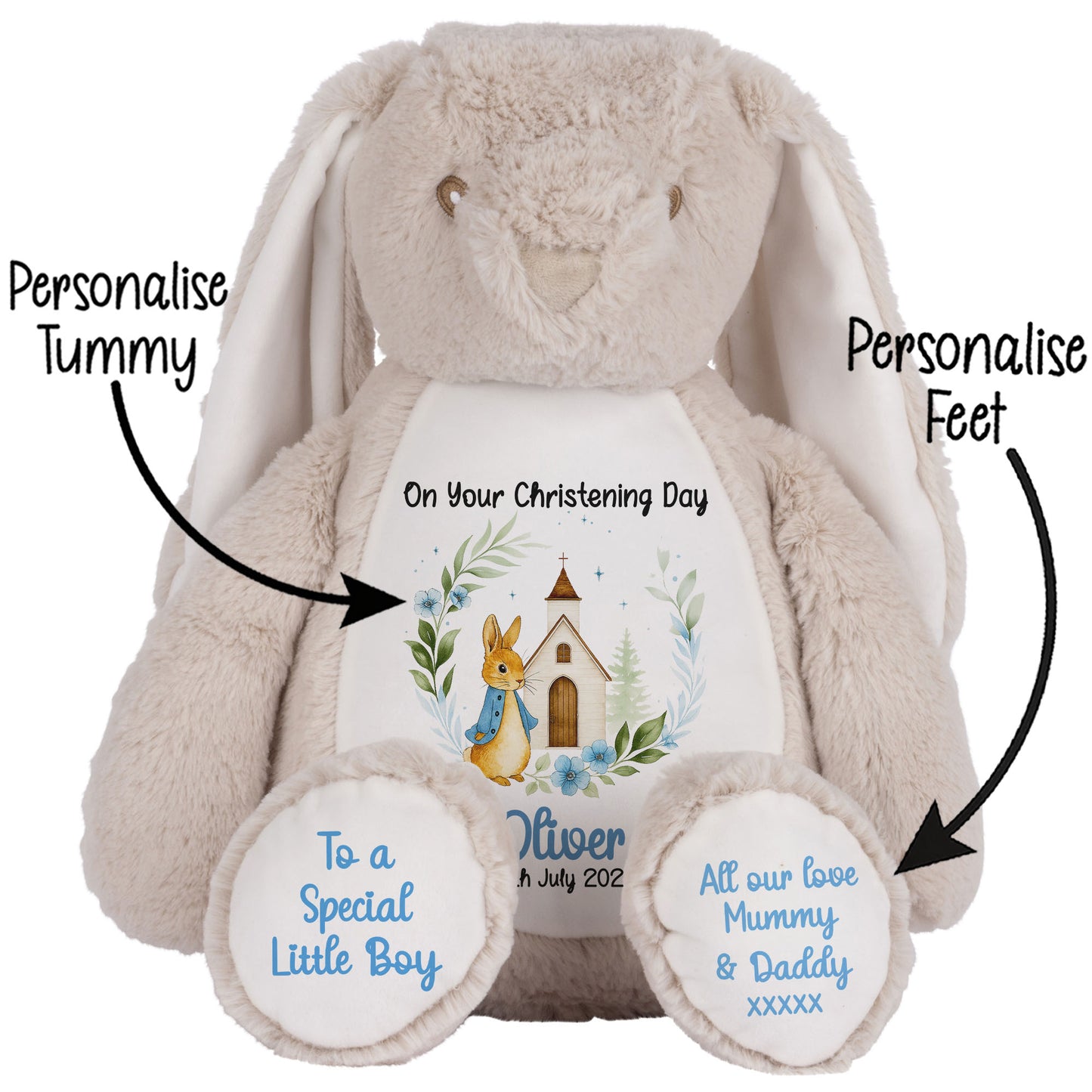 Christening Blue Bunny Church Floral Personalised Teddy Bears