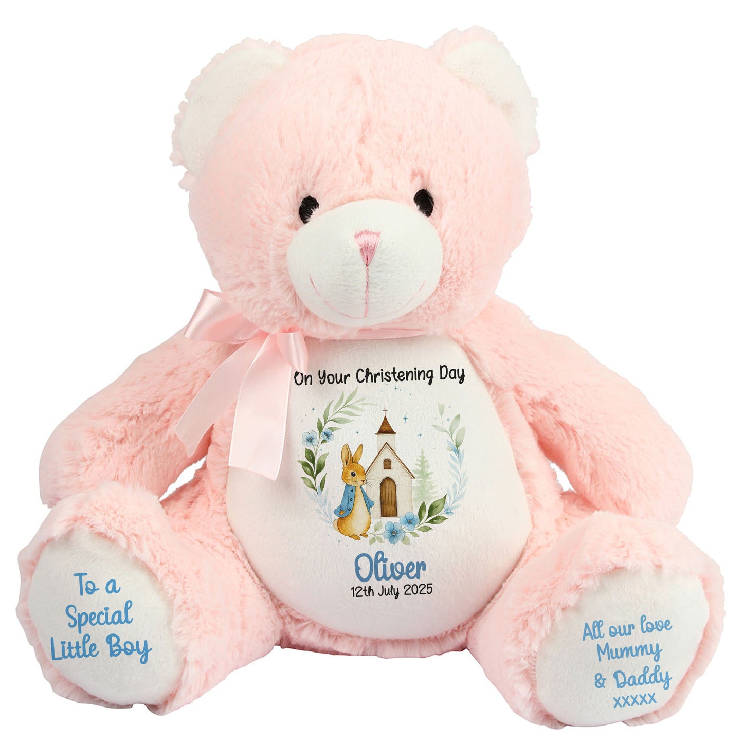 Christening Blue Bunny Church Floral Personalised Teddy Bears