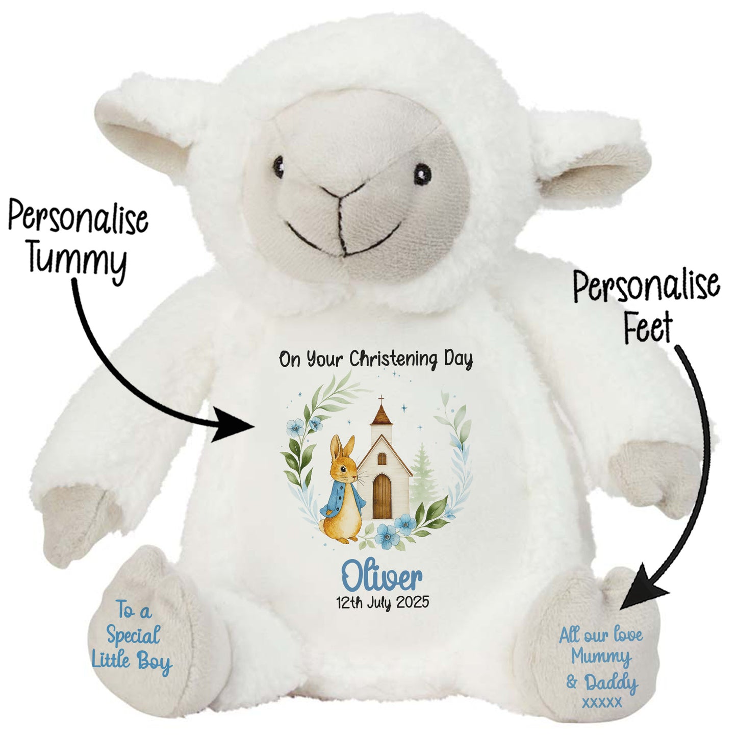Christening Blue Bunny Church Floral Personalised Teddy Bears