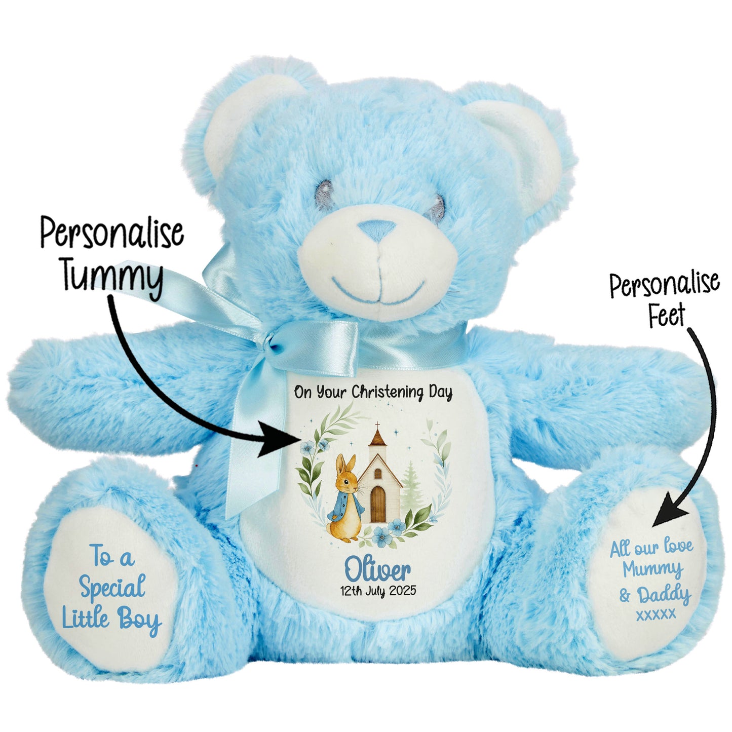 Christening Blue Bunny Church Floral Personalised Teddy Bears
