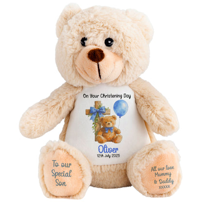 Blue Bear Cross Personalised Christening Teddy Bear