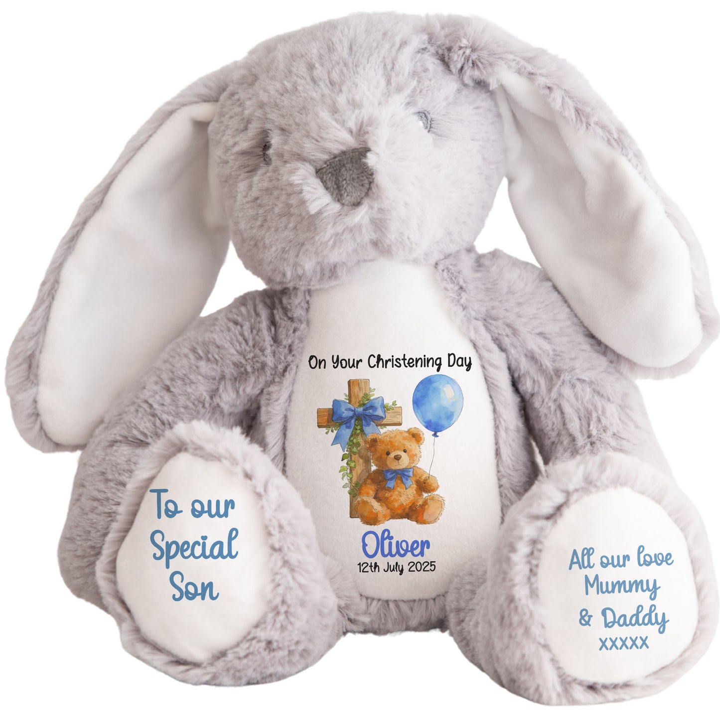 Blue Bear Cross Personalised Christening Teddy Bear