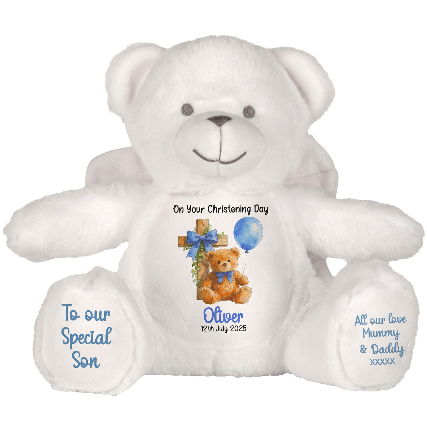 Blue Bear Cross Personalised Christening Teddy Bear