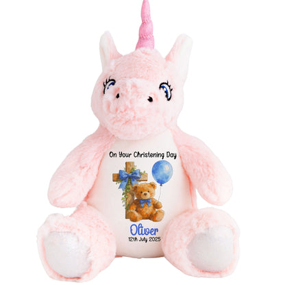 Blue Bear Cross Personalised Christening Teddy Bear