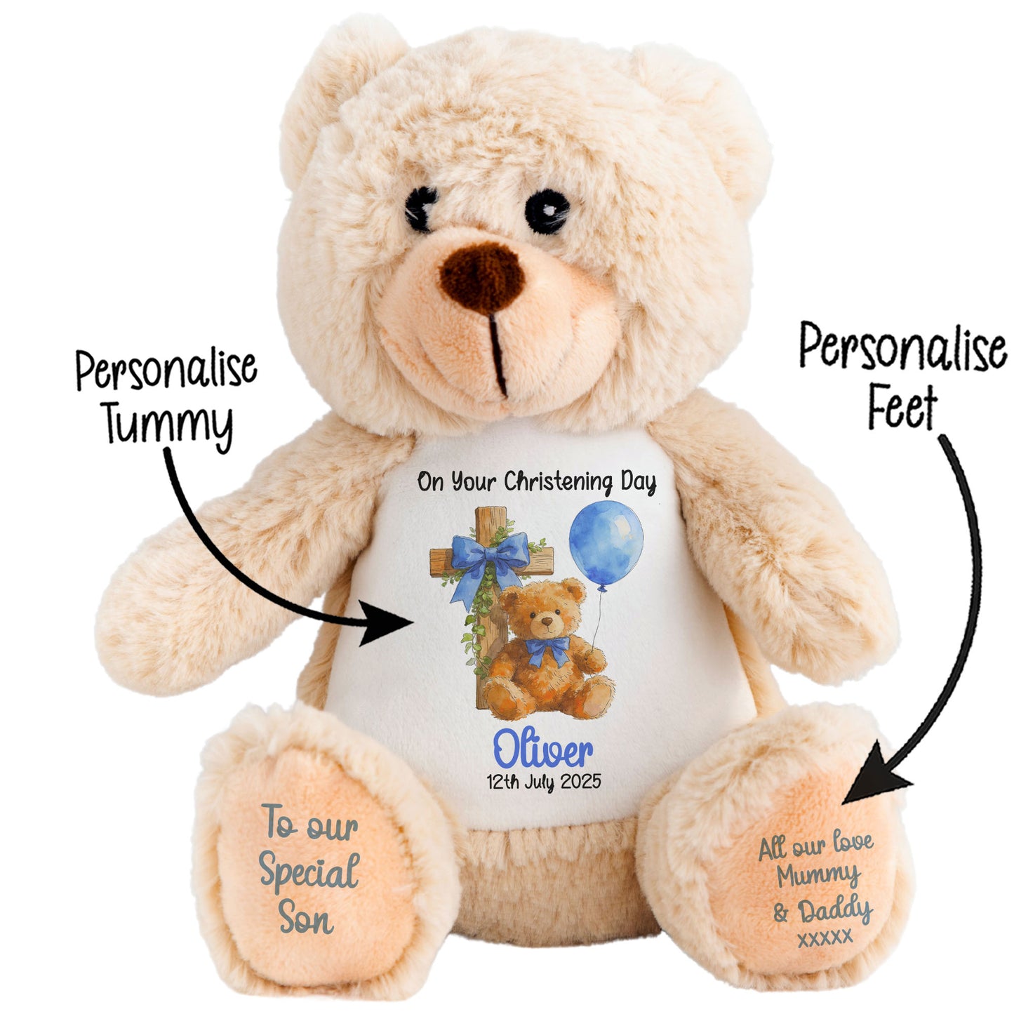 Blue Bear Cross Personalised Christening Teddy Bear