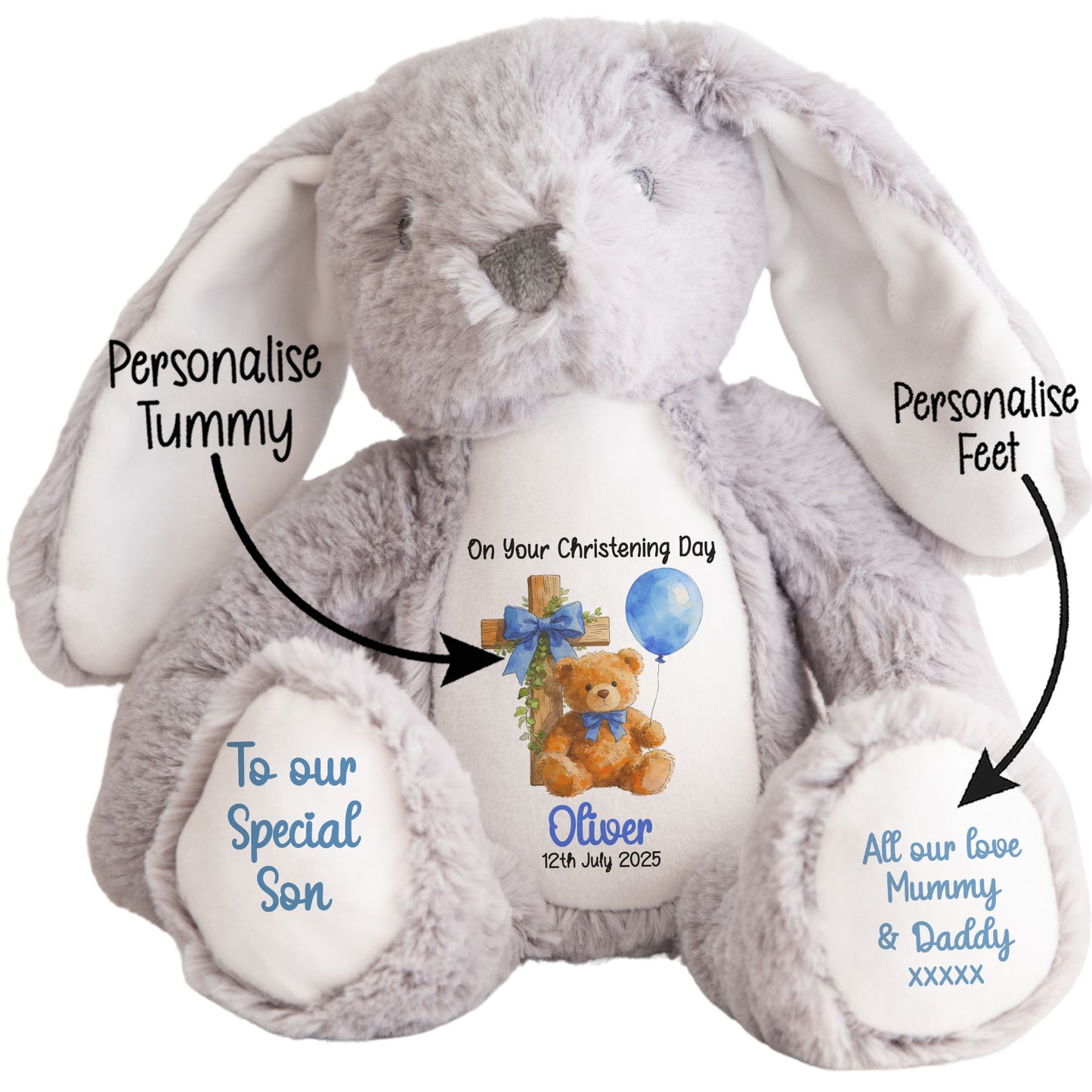 Blue Bear Cross Personalised Christening Teddy Bear