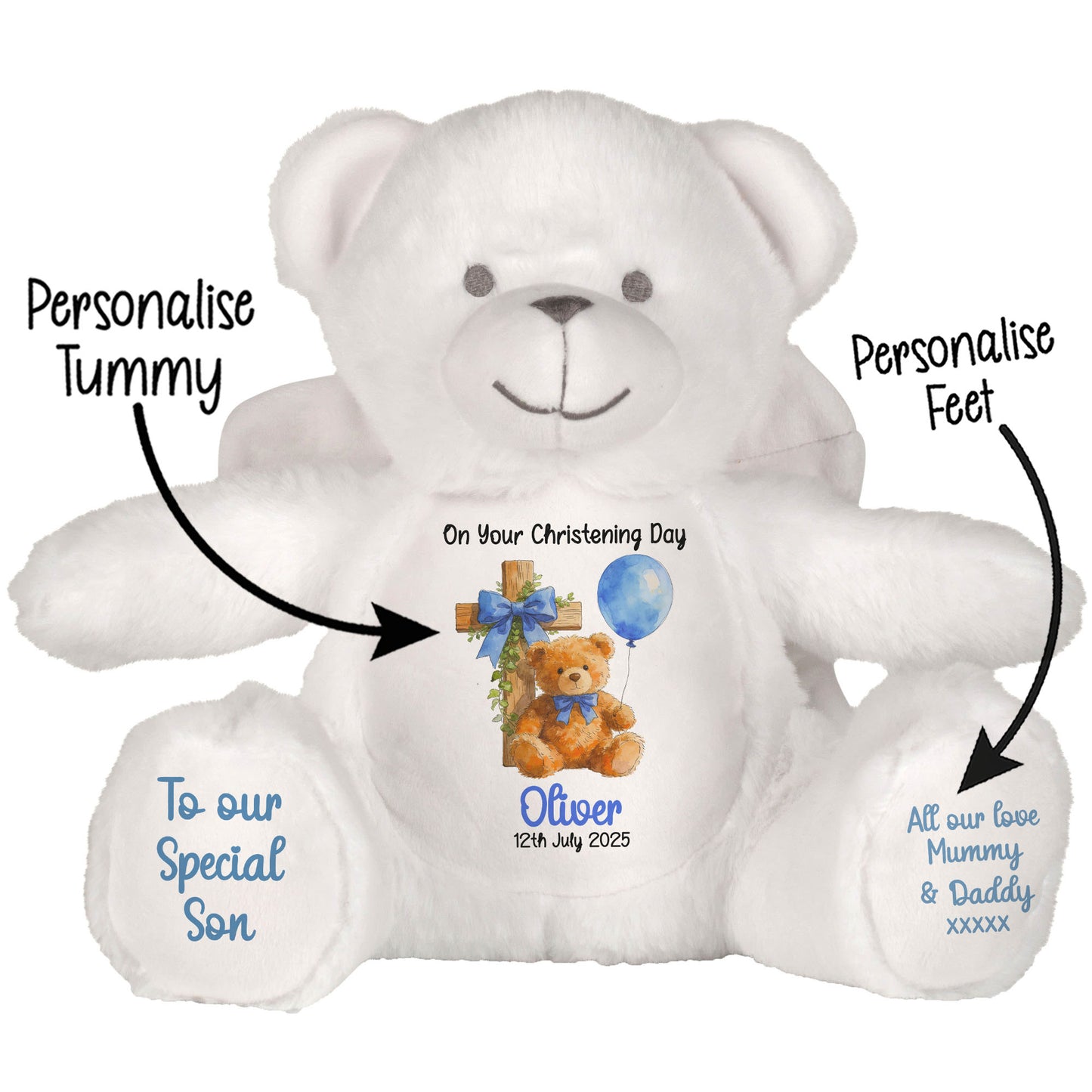 Blue Bear Cross Personalised Christening Teddy Bear