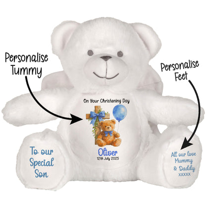 Blue Bear Cross Personalised Christening Teddy Bear