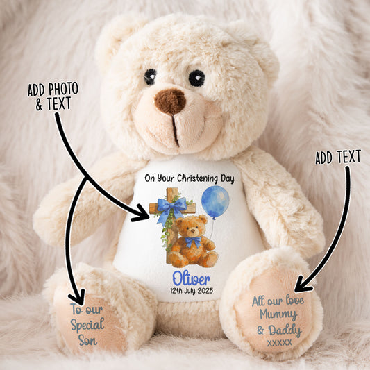 Blue Bear Cross Personalised Christening Teddy Bear
