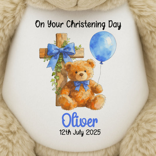 Blue Bear Cross Personalised Christening Teddy Bear
