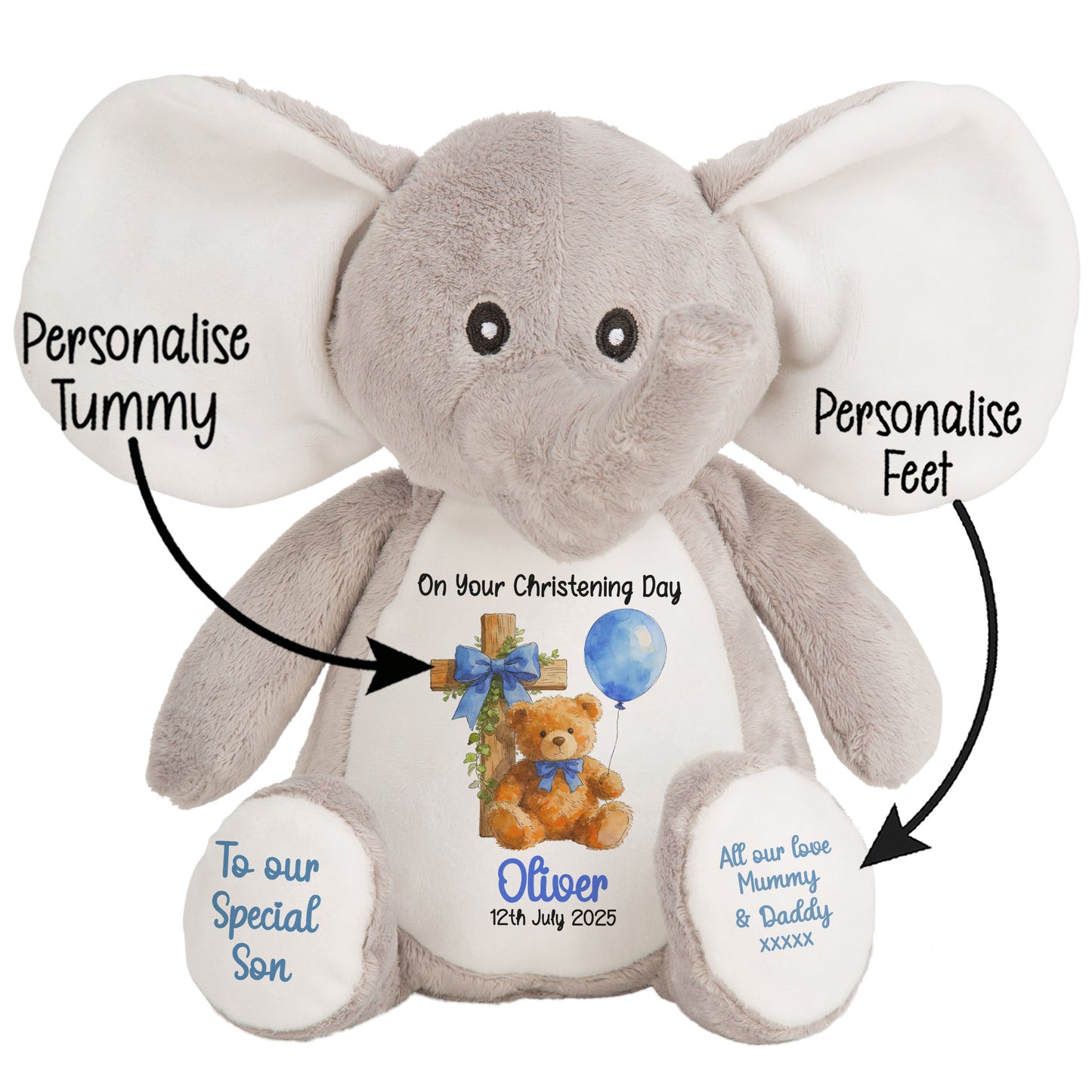 Blue Bear Cross Personalised Christening Teddy Bear