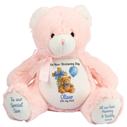 Blue Bear Cross Personalised Christening Teddy Bear